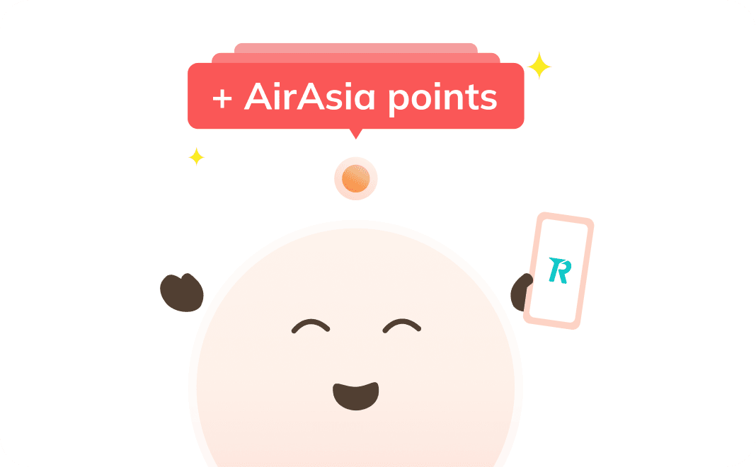 Brandon, salah satu maskot Topremit, memegang ponsel yang menampilkan aplikasi Topremit dan teks AirAsia Points ada di atasnya.