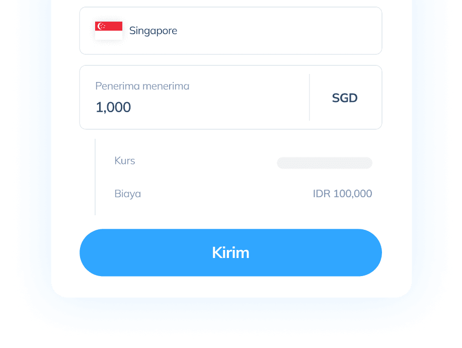 Tampilan langkah pertama melakukan transaksi di aplikasi Topremit untuk mendapatkan Poin AirAsia dengan menunjukkan kalkulator pengiriman uang ke Singapura dari Indonesia.