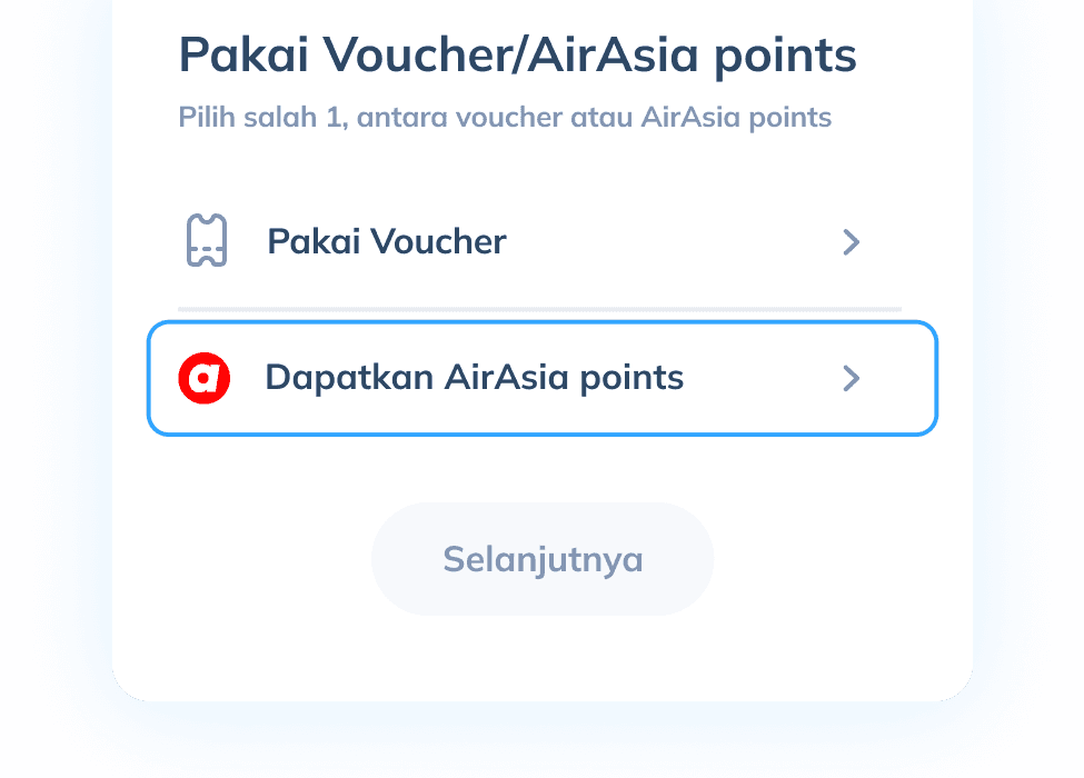 Tampilan langkah kedua transaksi di aplikasi Topremit untuk mendapatkan Poin AirAsia, dengan opsi “Dapatkan AirAsia Points” disorot pada tahap pemilihan voucher atau poin.