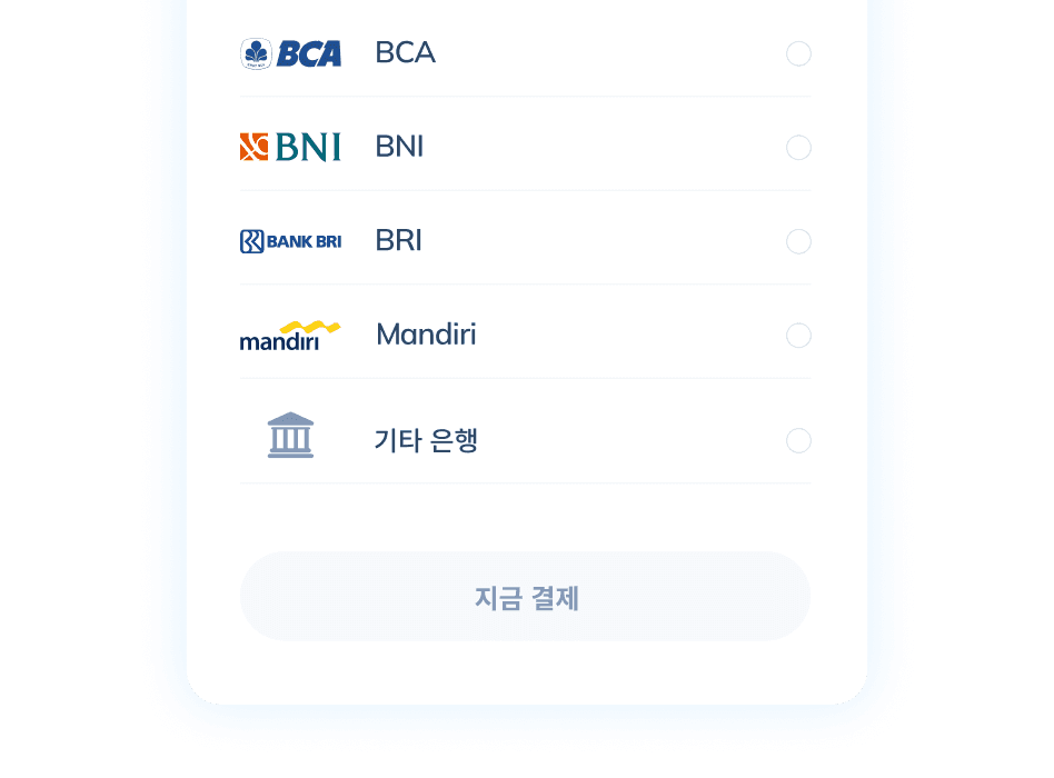 AirAsia 포인트를 적립하기 위한 Topremit 앱의 세 번째 거래 단계 화면으로, BCA, BNI, BRI, Mandiri 등 사용 가능한 은행 송금 결제 옵션이 표시되어 있습니다.