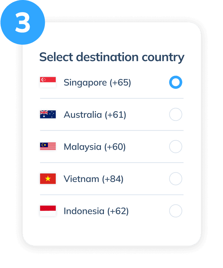 Display of the third step for mobile top up via Topremit, showing the destination country selection with phone codes such as Singapore, Australia, Malaysia, Vietnam, and Indonesia.