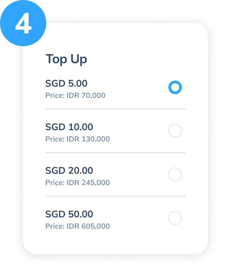 Display of the fourth step for mobile top up via Topremit, showing available top up amounts in the destination currency along with prices in Indonesian rupiah.