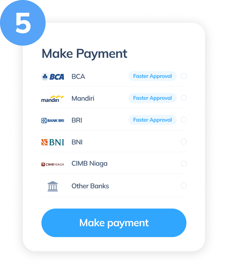 Display of the fifth step for mobile top up via Topremit, showing the payment page with bank options such as BCA, Mandiri, BRI, BNI, CIMB Niaga, and other banks.