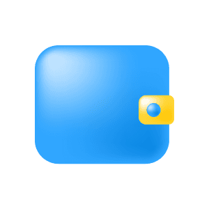 A blue wallet with a yellow strap and blue button.