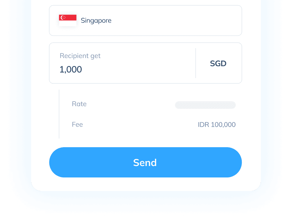 First transaction step view in the Topremit app to earn AirAsia Points, showing the money transfer calculator from Indonesia to Singapore.