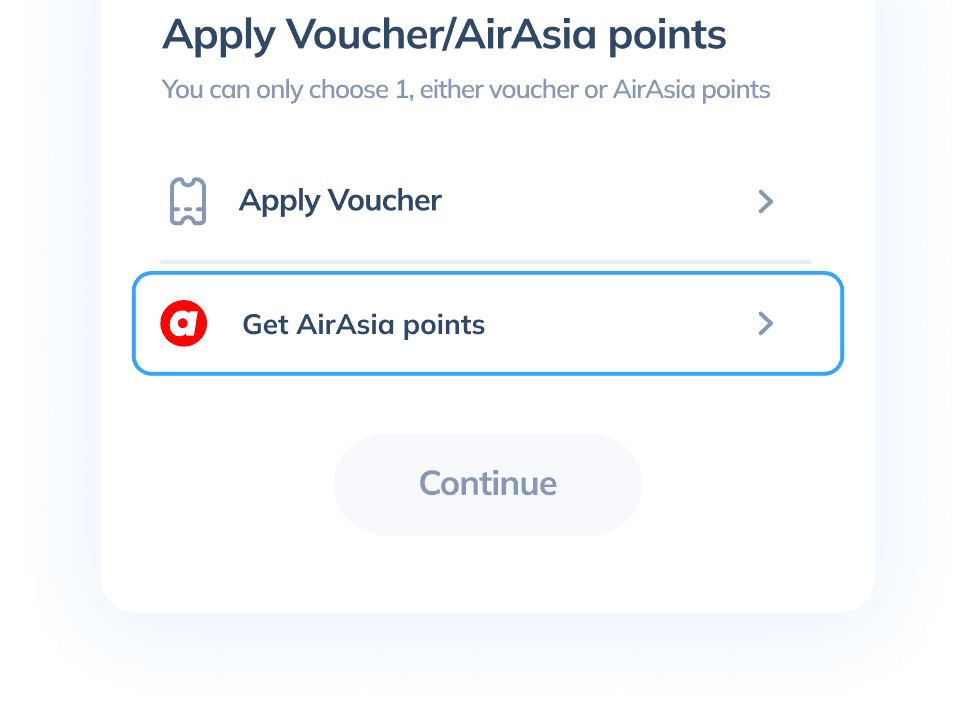 Second transaction step view in the Topremit app to earn AirAsia Points, with the “Get AirAsia Points” option highlighted during voucher or points selection.