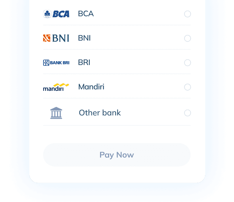 Third transaction step view in the Topremit app to earn AirAsia Points, showing the available bank transfer payment options such as BCA, BNI, BRI, Mandiri, or other bank.