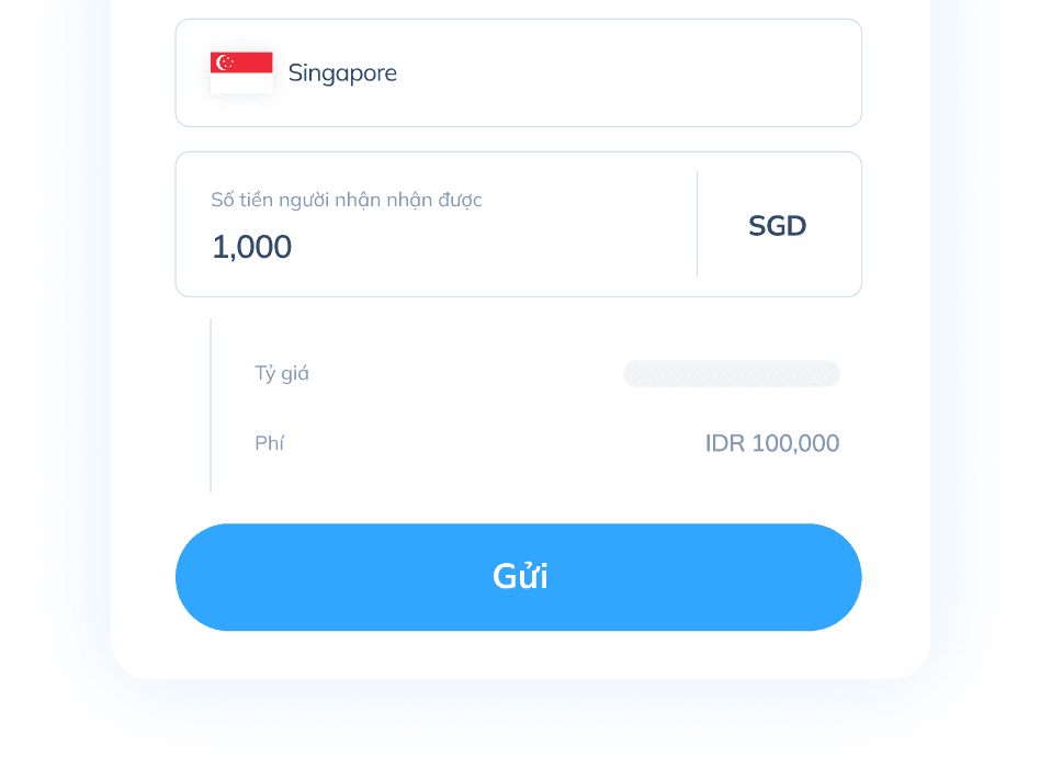 Màn hình bước giao dịch đầu tiên trên ứng dụng Topremit để nhận Điểm AirAsia, hiển thị công cụ tính chuyển tiền từ Indonesia sang Singapore.