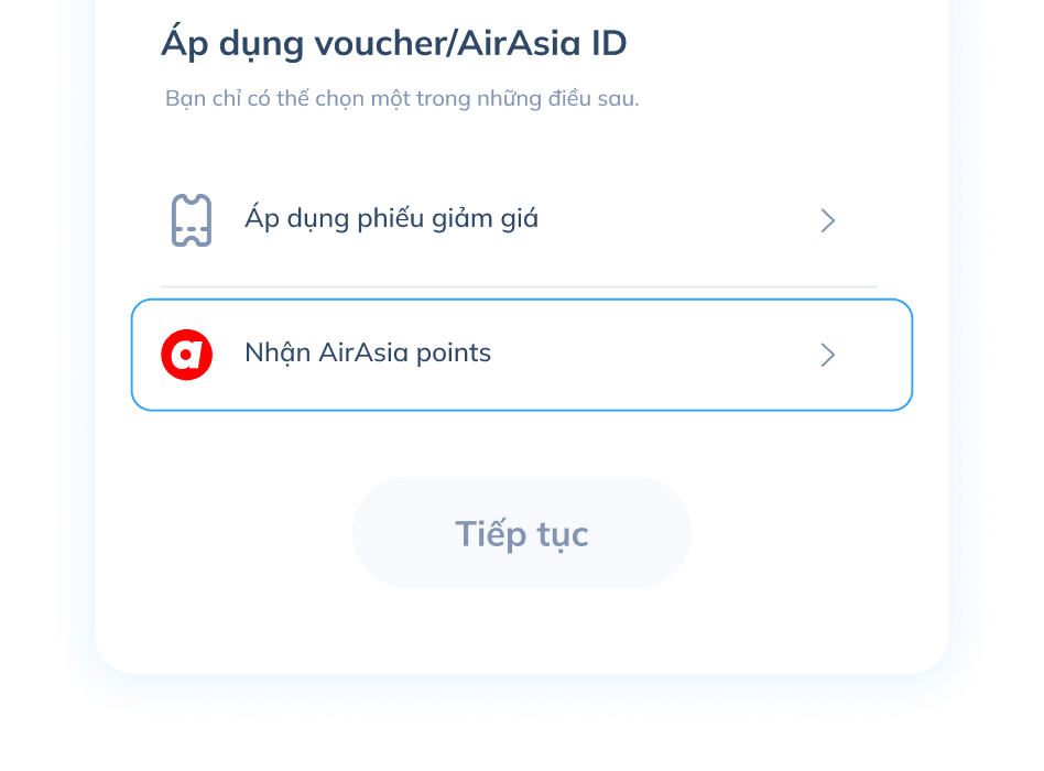 Màn hình bước giao dịch thứ hai trên ứng dụng Topremit để nhận Điểm AirAsia, với tùy chọn “Nhận Điểm AirAsia” được làm nổi bật ở bước chọn voucher hoặc điểm.