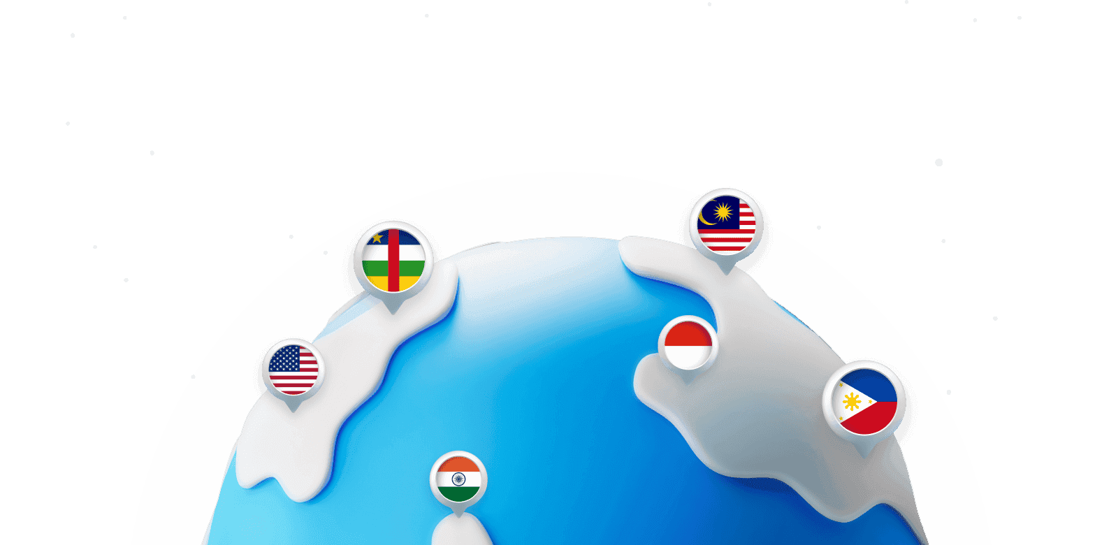 Ilustrasi setengah bola dunia yang menampilkan bendera AS, Republik Afrika Tengah, Malaysia, Indonesia, India, dan Filipina, melambangkan konektivitas global.