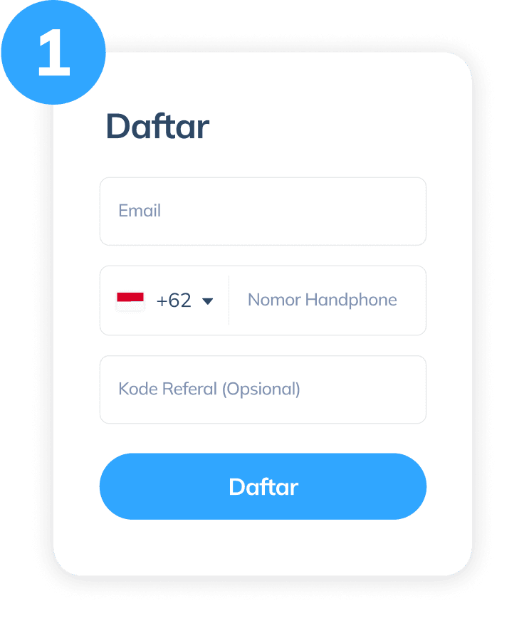 Tampilan langkah pertama untuk top up pulsa via Topremit, menunjukkan halaman registrasi yang terdiri dari email, nomor telepon, dan kode referral yang bersifat opsional.