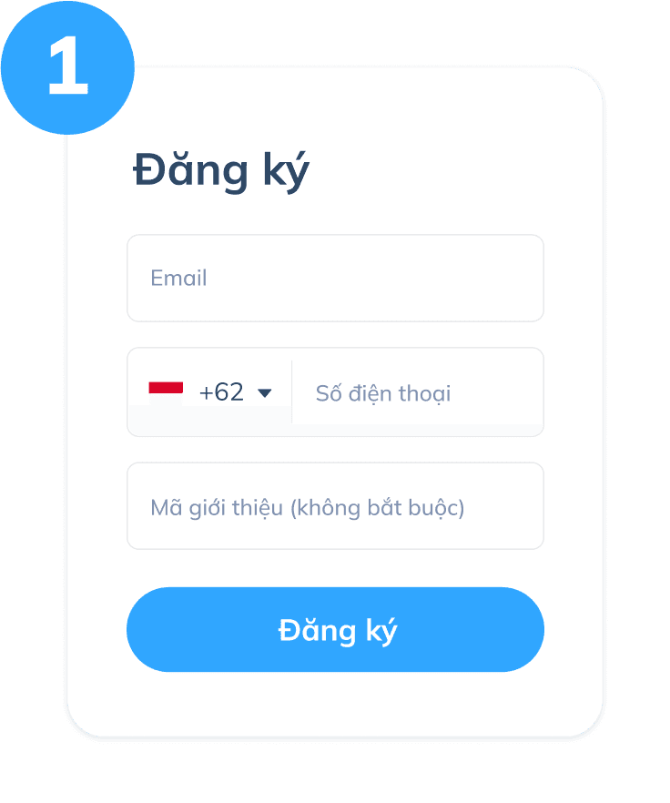 Màn hình bước đầu của dịch vụ nạp tiền điện thoại qua Topremit, hiển thị trang đăng ký gồm email, số điện thoại và mã giới thiệu tùy chọn.