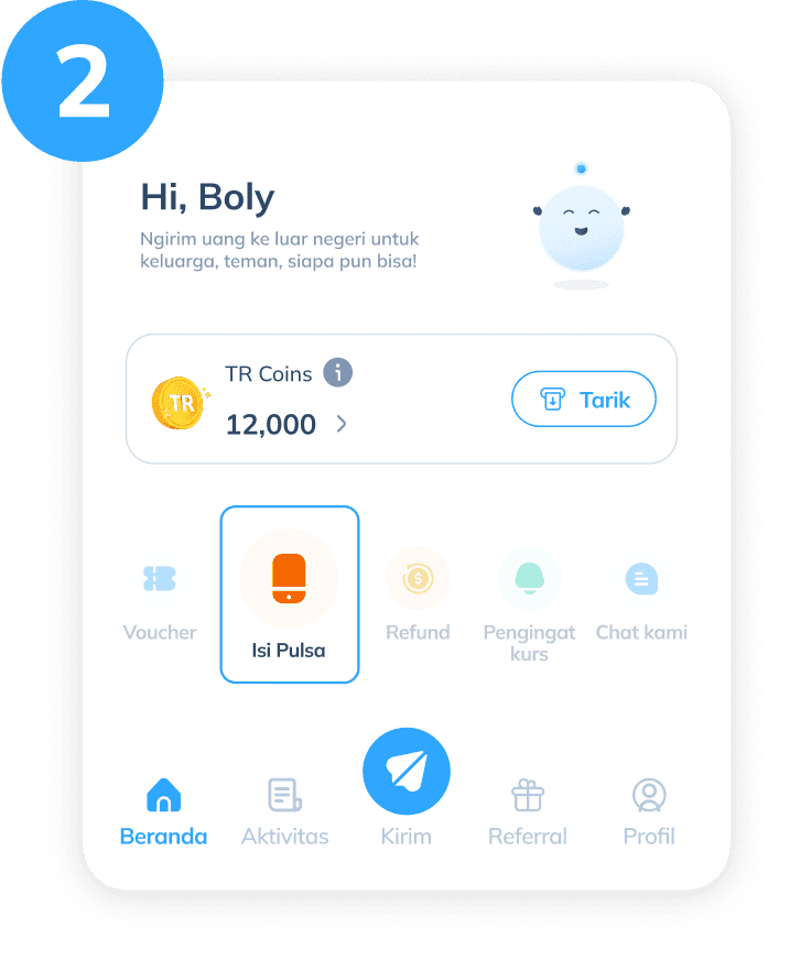 Tampilan langkah kedua top up pulsa via Topremit yang menampilkan halaman utama aplikasi dan menyoroti layanan Top Up Pulsa.