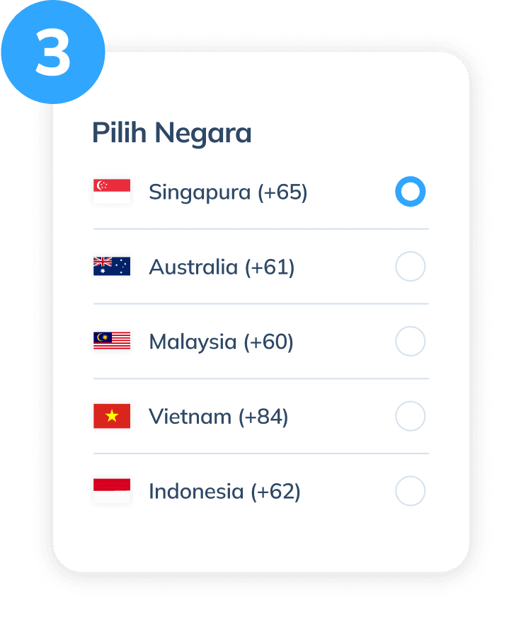 Tampilan langkah ketiga untuk top up pulsa via Topremit, menunjukkan halaman pemilihan negara tujuan dengan kode teleponnya, seperti Singapura, Australia, Malaysia, Vietnam, dan Indonesia.