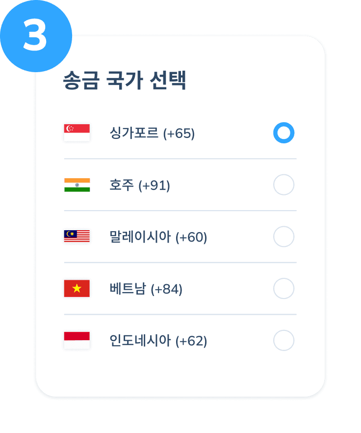 싱가포르, 호주, 말레이시아, 베트남, 인도네시아 등 전화 국가번호와 함께 국가를 선택하는 Topremit 모바일 충전 3단계 화면.