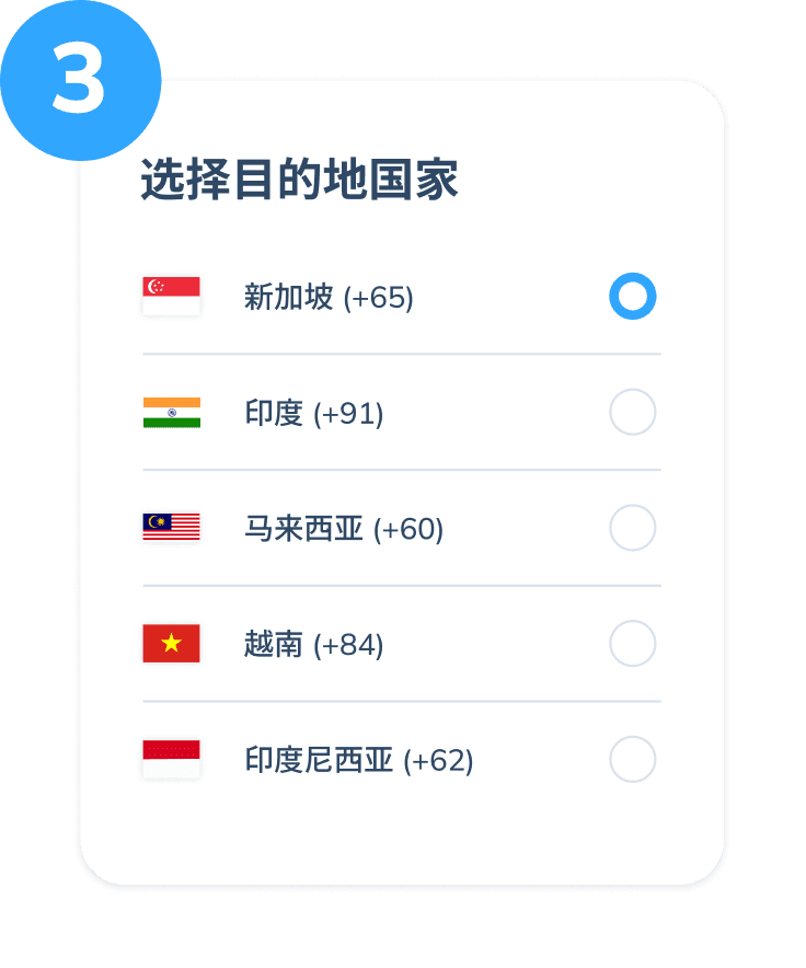 Topremit 手机充值的第三步界面,显示带有电话区号的目的国家选择,如新加坡、澳大利亚、马来西亚、越南和印度尼西亚。