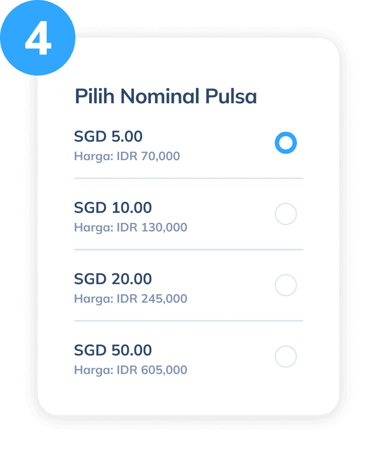 Tampilan langkah keempat untuk top up pulsa via Topremit, menampilkan pilihan nominal pulsa dalam mata uang tujuan beserta harga dalam rupiah.