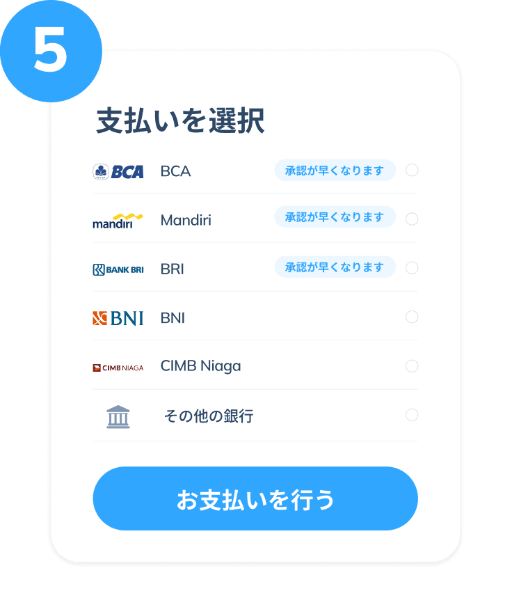 BCA、Mandiri、BRI、BNI、CIMB Niaga などの銀行を選択して支払う、Topremit のモバイルトップアップ第5ステップ画面。