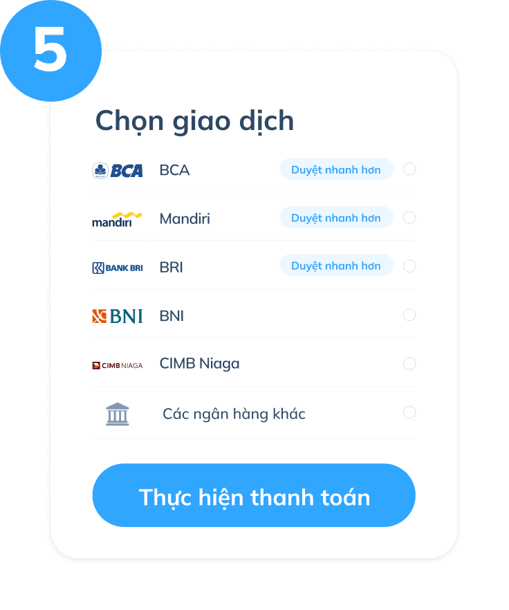 Màn hình bước thứ năm của dịch vụ nạp tiền điện thoại qua Topremit, hiển thị trang thanh toán với các ngân hàng như BCA, Mandiri, BRI, BNI, CIMB Niaga hoặc ngân hàng khác.