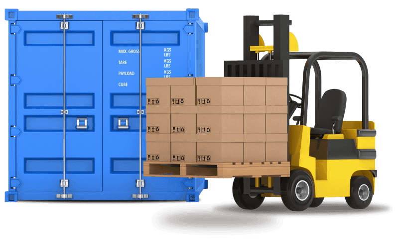 Ilustrasi kontainer biru dengan forklift disampingnya yang mengangkat kotak coklat.