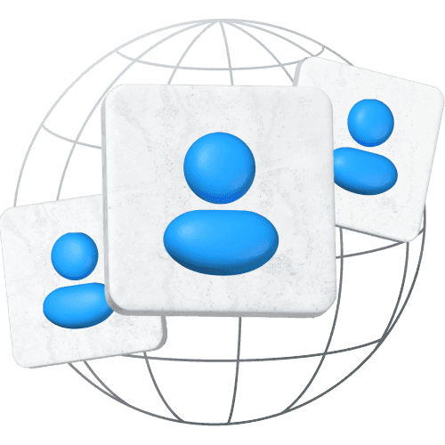 A white globe surrounded by blue user icons, representing that users can send money worldwide across the globe.