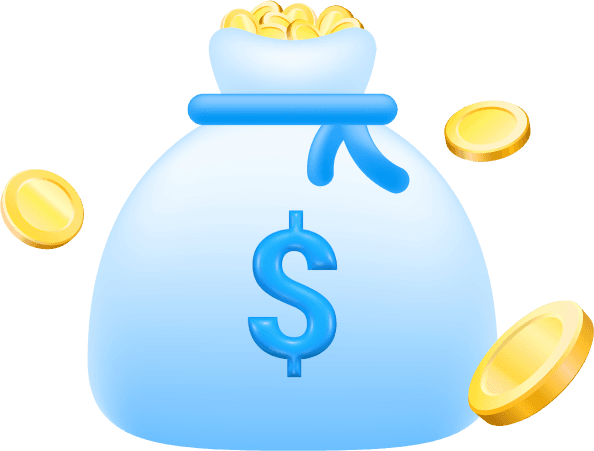 A blue money bag with a dollar sign at its center overflowing with gold coins.