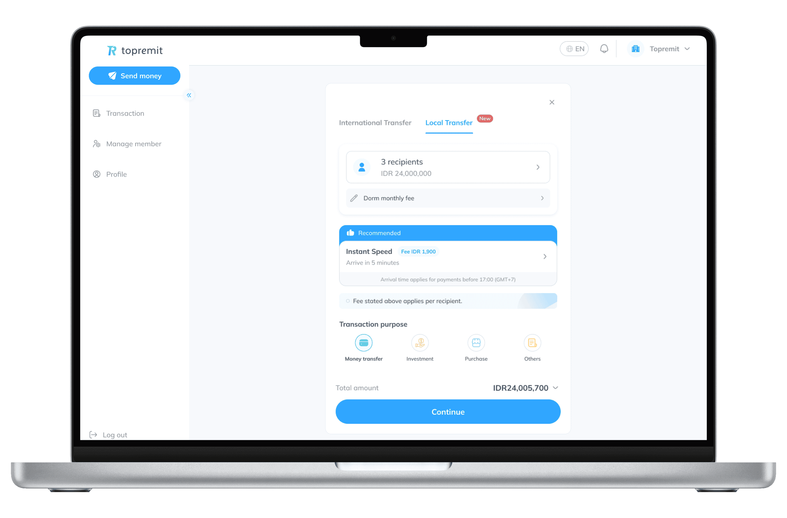 Layar laptop menampilkan layanan Transfer Lokal di dashboard Topremit for Business.