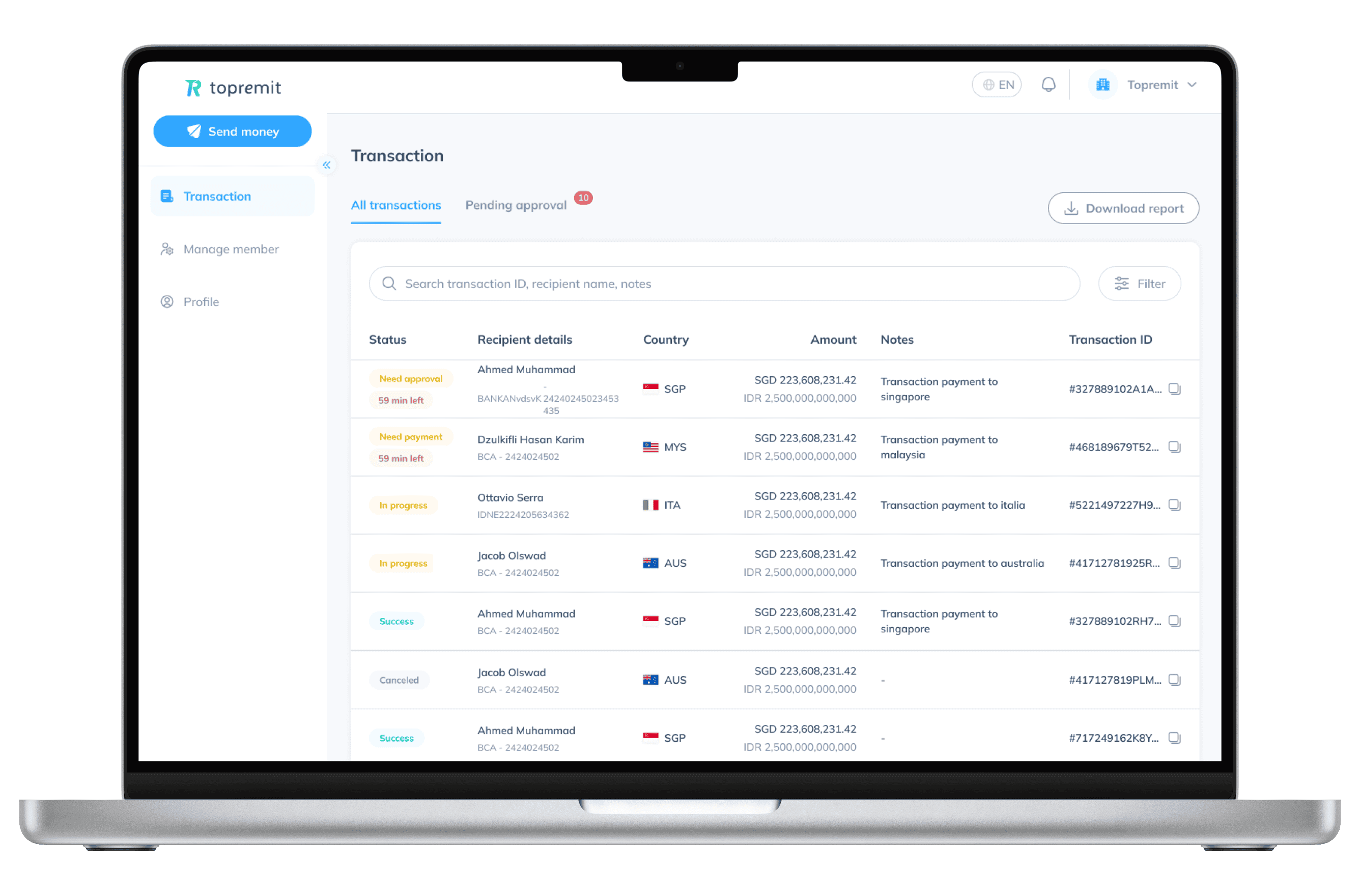Layar laptop menampilkan fitur Lacak Transaksi di dashboard Topremit for Business.