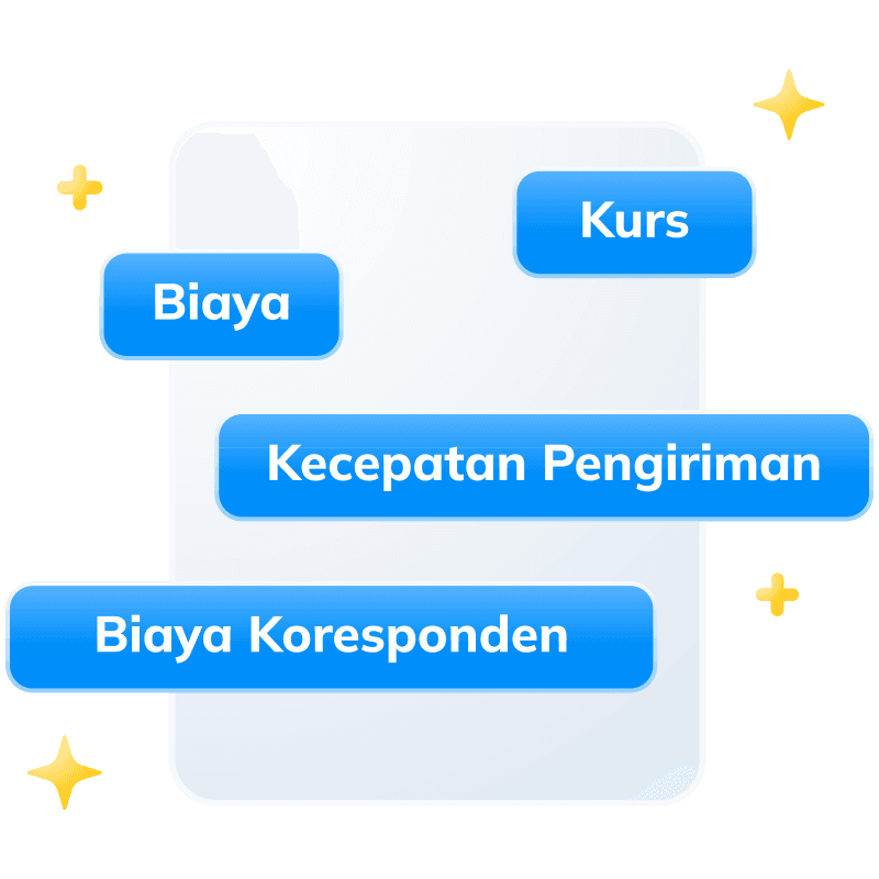 Ponsel putih dengan empat tombol biru yang masing-masing berlabel kurs, biaya, kecepatan pengiriman, dan biaya koresponden.