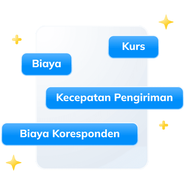 Ponsel putih dengan empat tombol biru yang masing-masing berlabel kurs, biaya, kecepatan pengiriman, dan biaya koresponden.