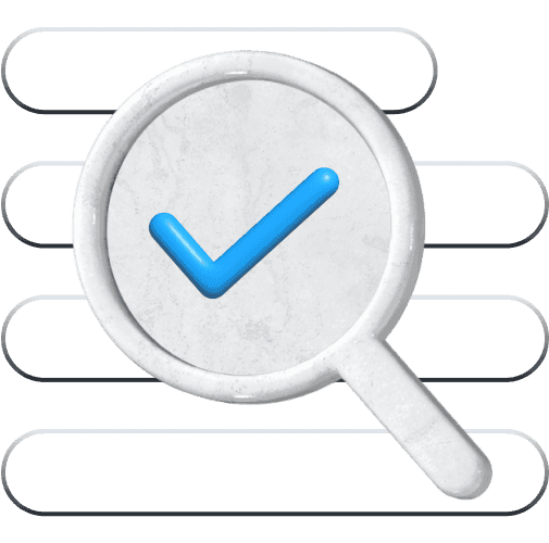 A white magnifying glass with a blue checkmark at its center.