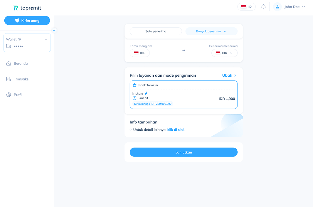 Layar laptop menampilkan layanan Transfer Lokal di dashboard Topremit for Business.