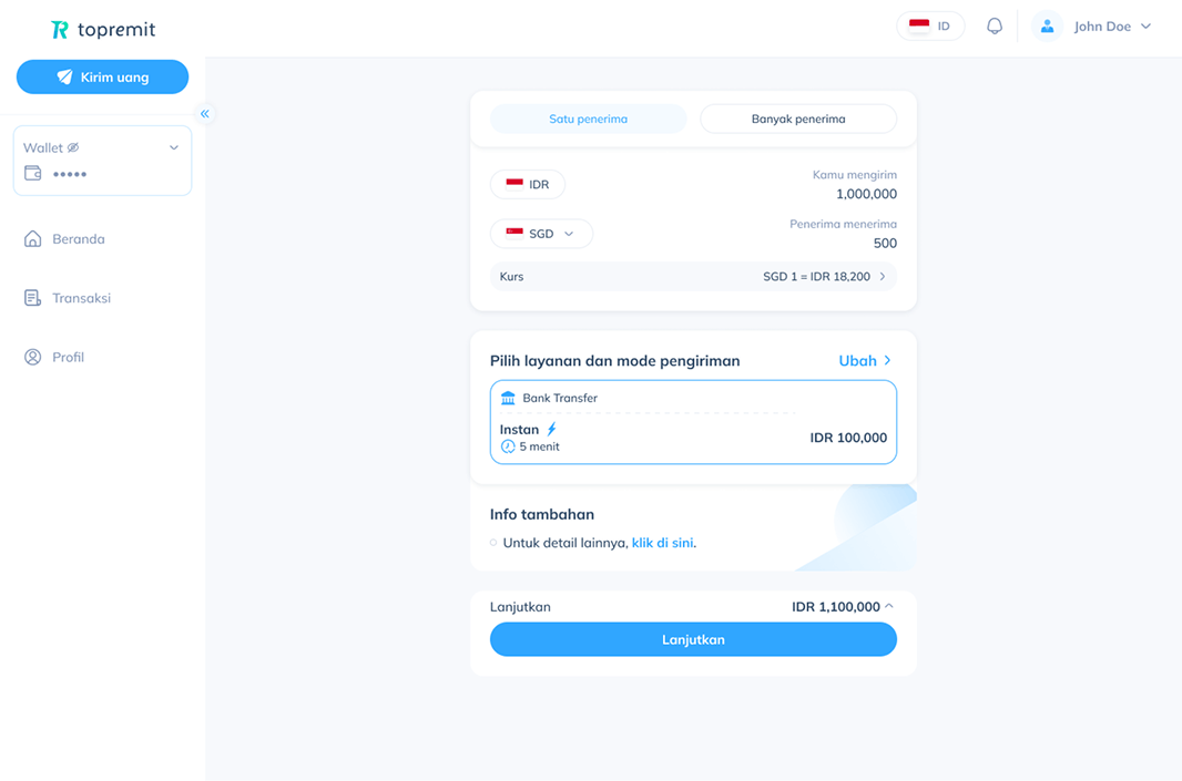 Layar laptop menampilkan layanan Transfer Internasional di dashboard Topremit for Business.