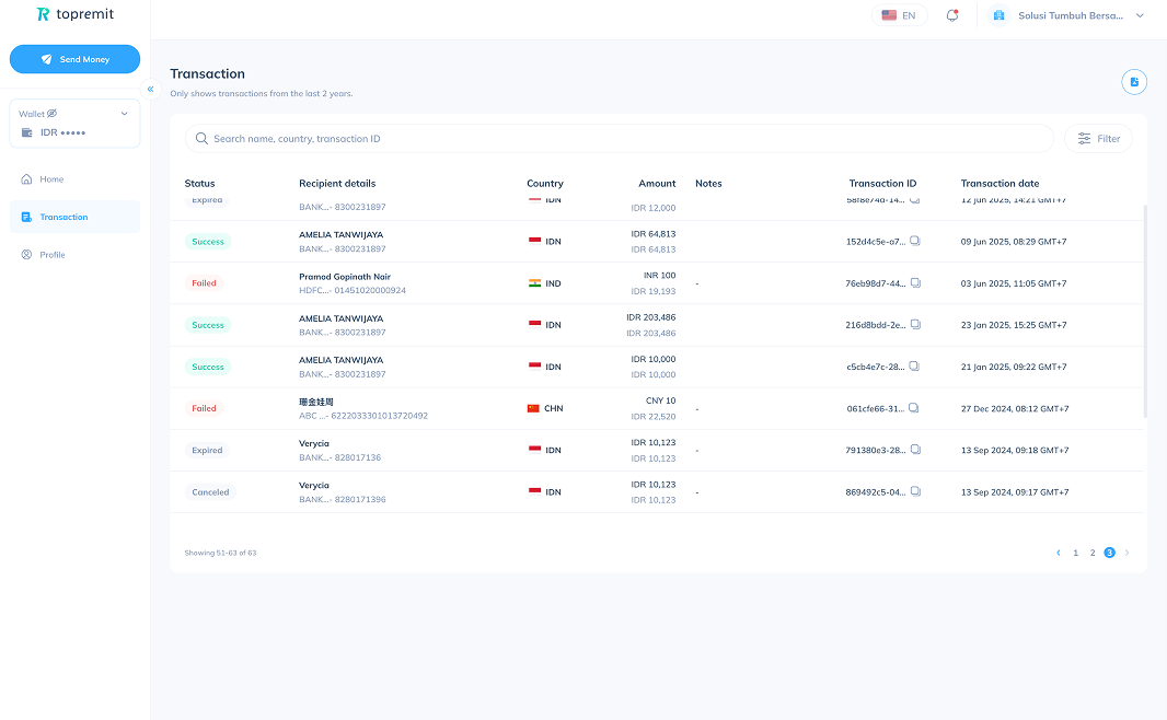 A laptop screen showing the Track Transaction feature in Topremit for Business dashboard.