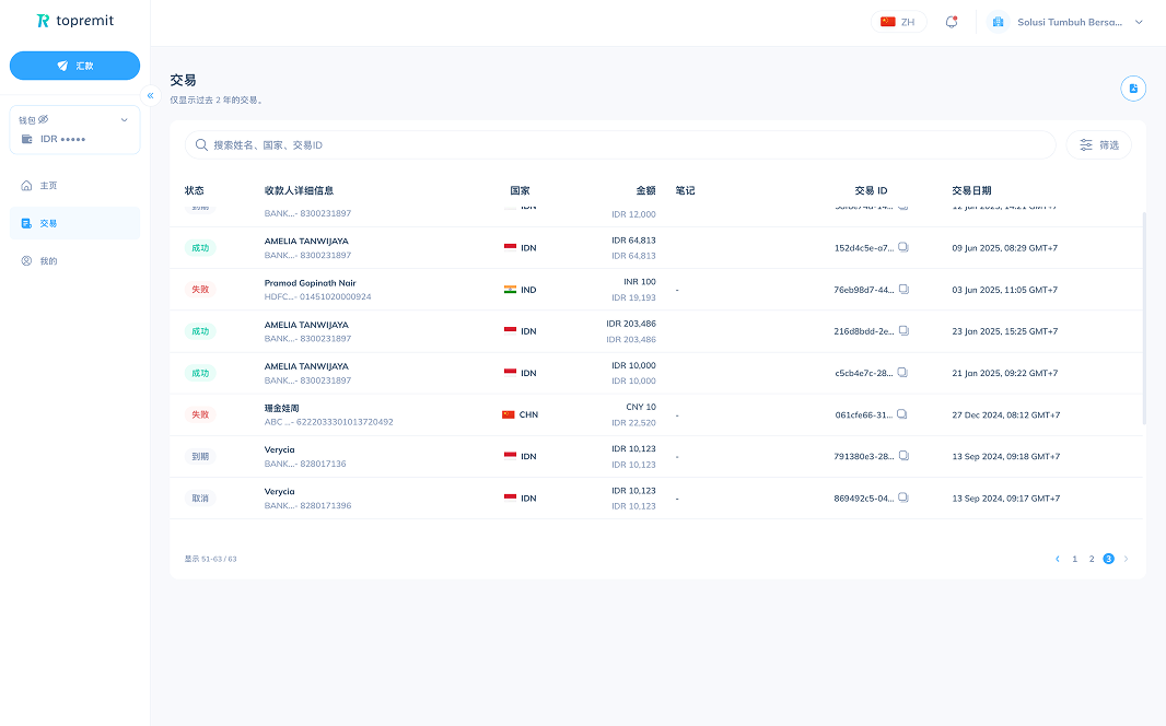笔记本电脑屏幕显示了 Topremit for Business 仪表板中的“交易跟踪”功能。