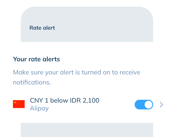 An illustration of app screen showing 'Rate alert' feature. There is a message popped up with a text title 'Your rate alerts' and the text below 'Make sure your alert is turned on to receive notifications'. There is also an active notification toggle below the texts.