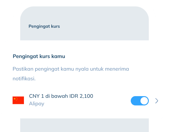 Sebuah ilustrasi tampilan layar yang menunjukkan fitur 'Pengingat kurs' dengan pesan yang dibuat menonjol keluar berisi teks judul 'Pengingat kurs kamu' dan text dibawahnya "Pastikan pengingat kamu nyala untuk menerima notifikasi." Tersedia juga ikon sakelar yang menunjukkan notifikasi aktif.