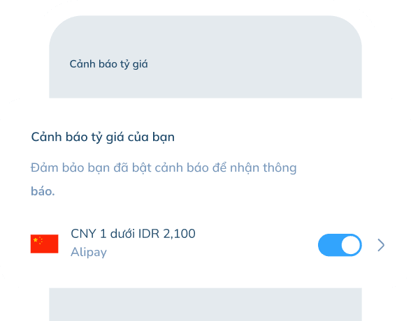 Minh hoạ màn hình ứng dụng hiển thị tính năng 'Cảnh báo tỷ giá'. Có cửa sổ bật lên với tiêu đề 'Cảnh báo tỷ giá của bạn' và bên dưới là 'Đảm bảo bạn đã bật cảnh báo để nhận thông'. Bên dưới có nút gạt thông báo đang bật.