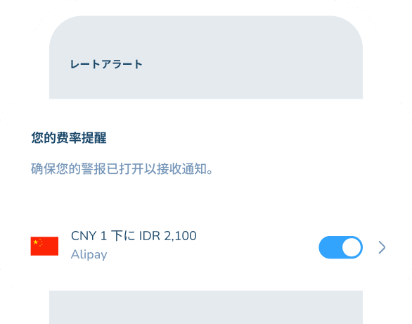 「レートアラート」機能を表示しているアプリ画面のイラストです。ポップアップには「あなたのレートアラート」というタイトルと、「通知を受け取るにはアラートをオンにしてください。」という文言が表示され、下部にはオンになっている通知トグルがあります。