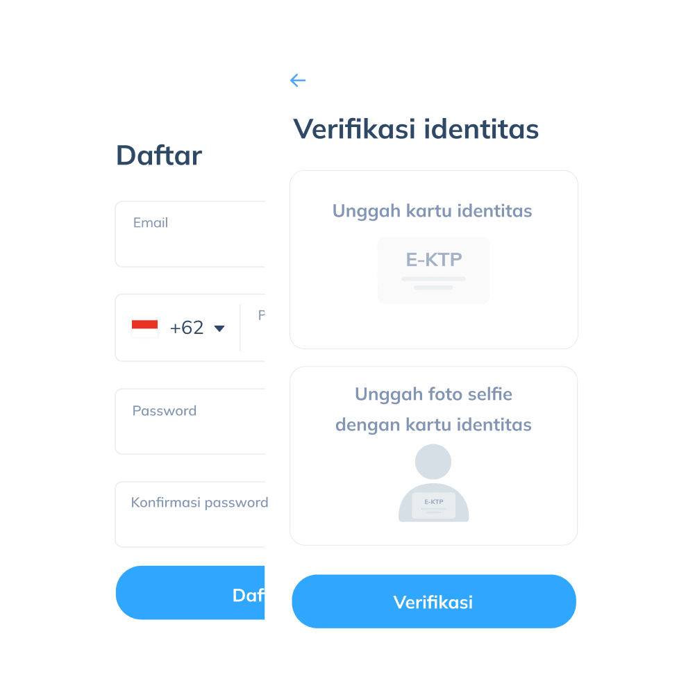 Tampilan langkah pertama untuk transfer lokal di aplikasi Topremit dengan registrasi akun melalui email, nomor telepon, dan kata sandi serta verifikasi identitas menggunakan kartu tanda pengenal.