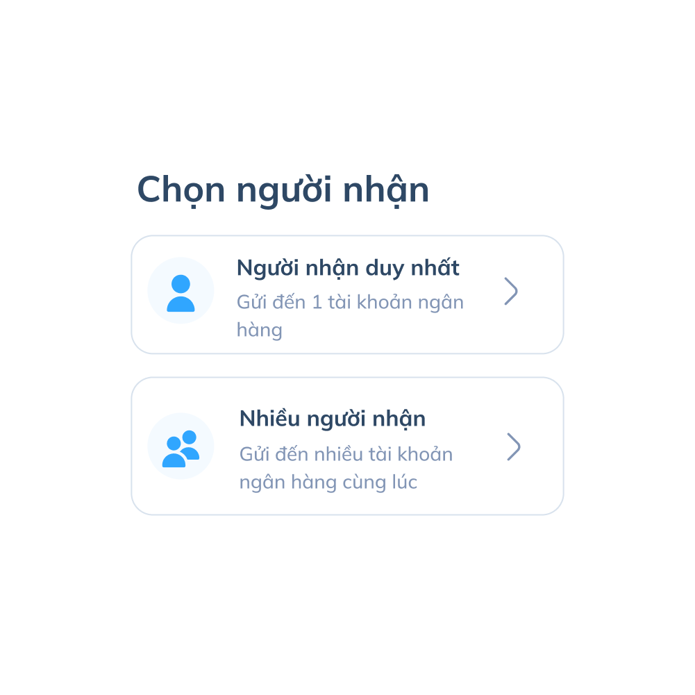 Màn hình bước thứ hai của chuyển tiền nội địa trên ứng dụng Topremit với việc chọn tùy chọn “một người nhận” hoặc “nhiều người nhận”.