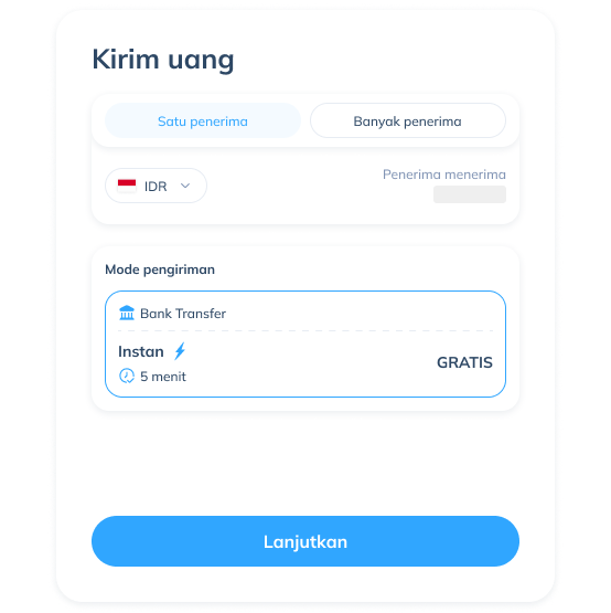 Tampilan langkah ketiga untuk transfer lokal di aplikasi Topremit dengan memilih penerima atau mengisi data penerima baru.