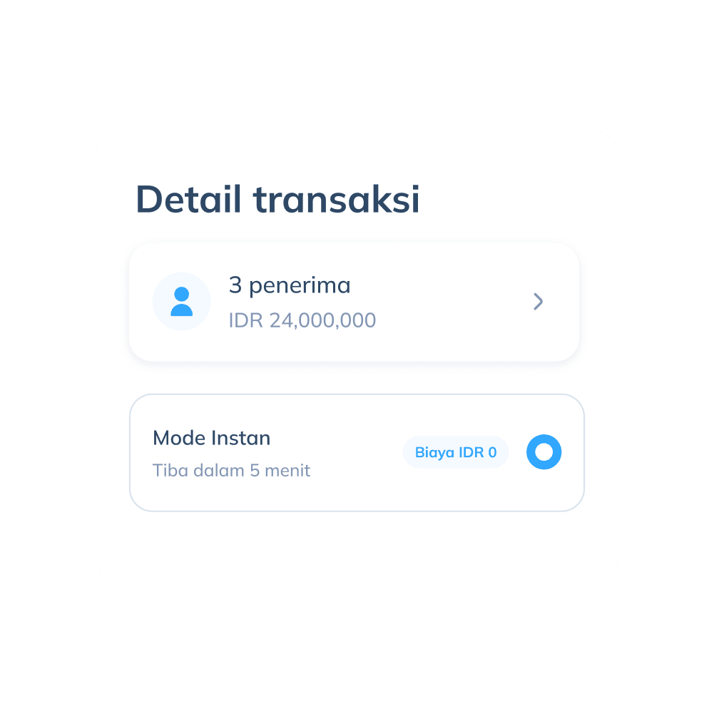 Tampilan langkah keempat transfer lokal di aplikasi Topremit yang menampilkan detail transaksi ke 3 penerima, total IDR 24,000,000, serta pilihan kecepatan pengiriman Mode Instan dan Mode Normal.