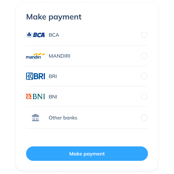 Display of the final step for a local transfer on the Topremit app by making a payment through available banks such as BCA, Mandiri, BRI, BNI, CIMB Niaga, or other banks.