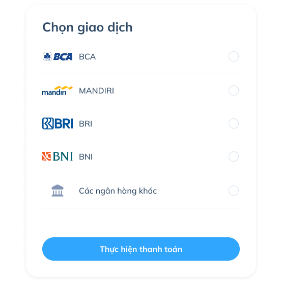 Màn hình bước cuối của chuyển tiền nội địa trên ứng dụng Topremit với việc thanh toán qua các ngân hàng như BCA, Mandiri, BRI, BNI, CIMB Niaga hoặc ngân hàng khác.