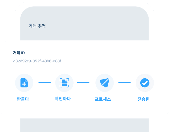 ‘거래 추적’ 기능이 표시된 앱 화면 일러스트입니다. 팝업에는 '거래 ID' 제목과 실제 거래 ID가 표시되며, 아래에는 거래 진행 단계가 나타납니다.