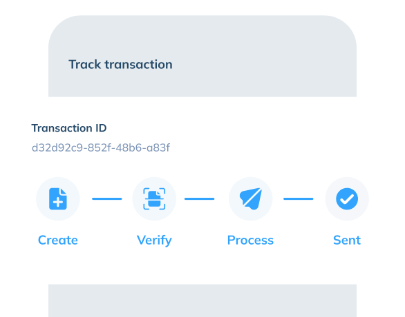 An illustration of app screen showing 'Track transaction' feature. There is a message pop up with a text title 'Transaction ID' and the text below showing the transaction ID. The transaction tracking is shown below these texts.