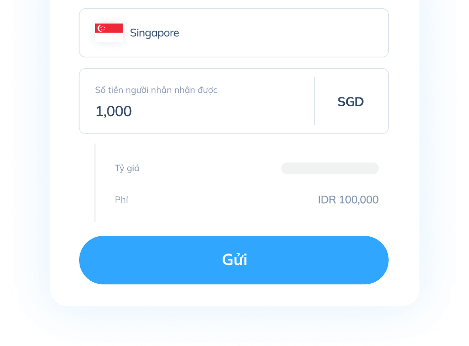 Màn hình bước giao dịch đầu tiên trên ứng dụng Topremit để nhận Điểm AirAsia, hiển thị công cụ tính chuyển tiền từ Indonesia sang Singapore.