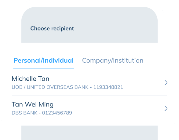 An illustration of app screen showing 'Choose recipient' feature. There are 2 tabs options displayed 'Personal/Individual' which the recipient list is shown on screen and 'Company/Institution' that both are clickable.