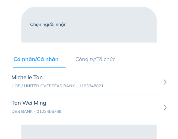 Minh hoạ màn hình tính năng 'Chọn người nhận' với hai tab 'Cá nhân/Cá nhân' và 'Công ty/Tổ chức', trong đó danh sách người nhận hiển thị dưới tab hiện tại và cả hai tab đều có thể bấm được.